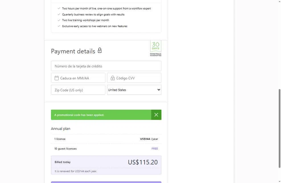 ClickUp checkout page showing ClickUp promo code box | Screenshot taken by SimplyCodes community member on Apr 5, 2025