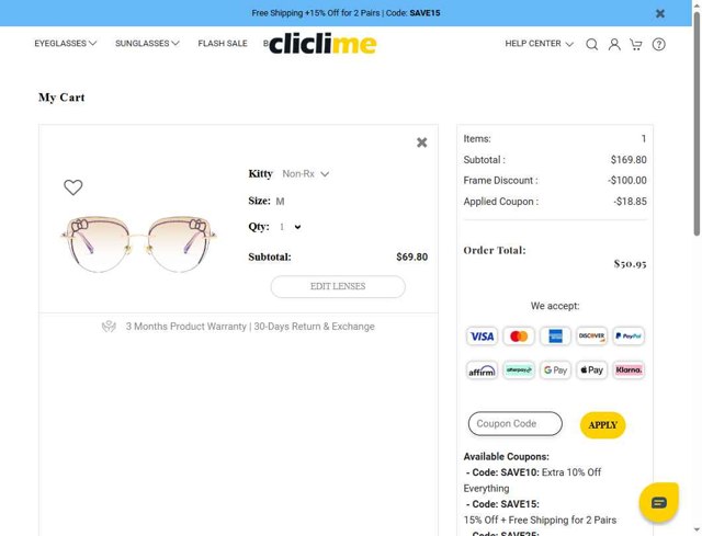 Cliclime checkout page showing Cliclime coupon code box | Screenshot taken by SimplyCodes community member on Aug 30, 2025