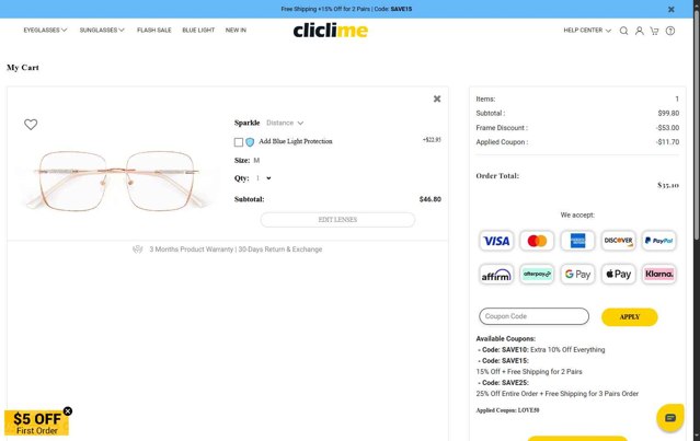 Cliclime checkout page showing Cliclime coupon code box | Screenshot taken by SimplyCodes community member on Jul 29, 2025
