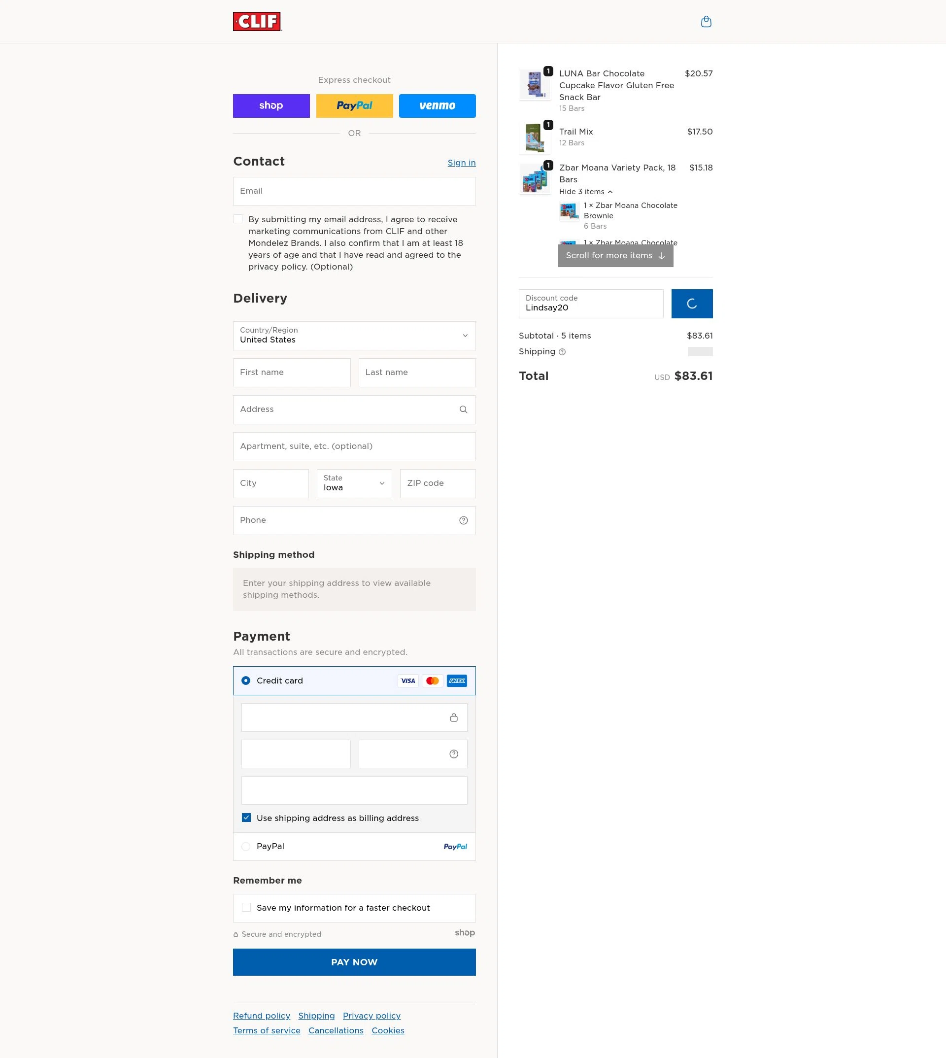 Clif Bar checkout page showing Clif Bar promo code box | Screenshot taken by SimplyCodes community member on Dec 23, 2025