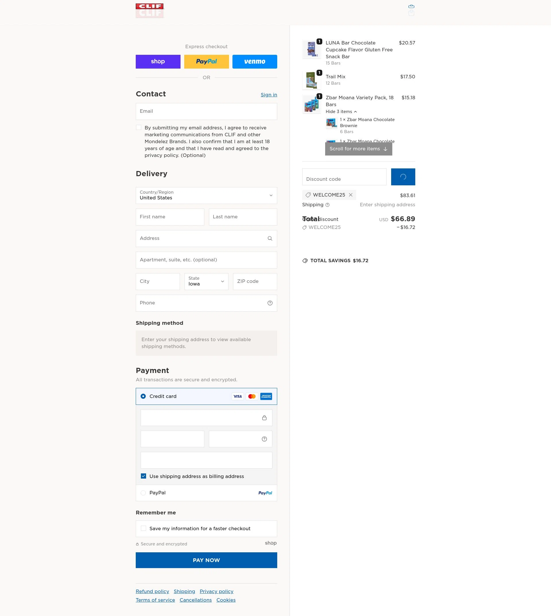 Clif Bar checkout page showing Clif Bar promo code box | Screenshot taken by SimplyCodes community member on Dec 28, 2025