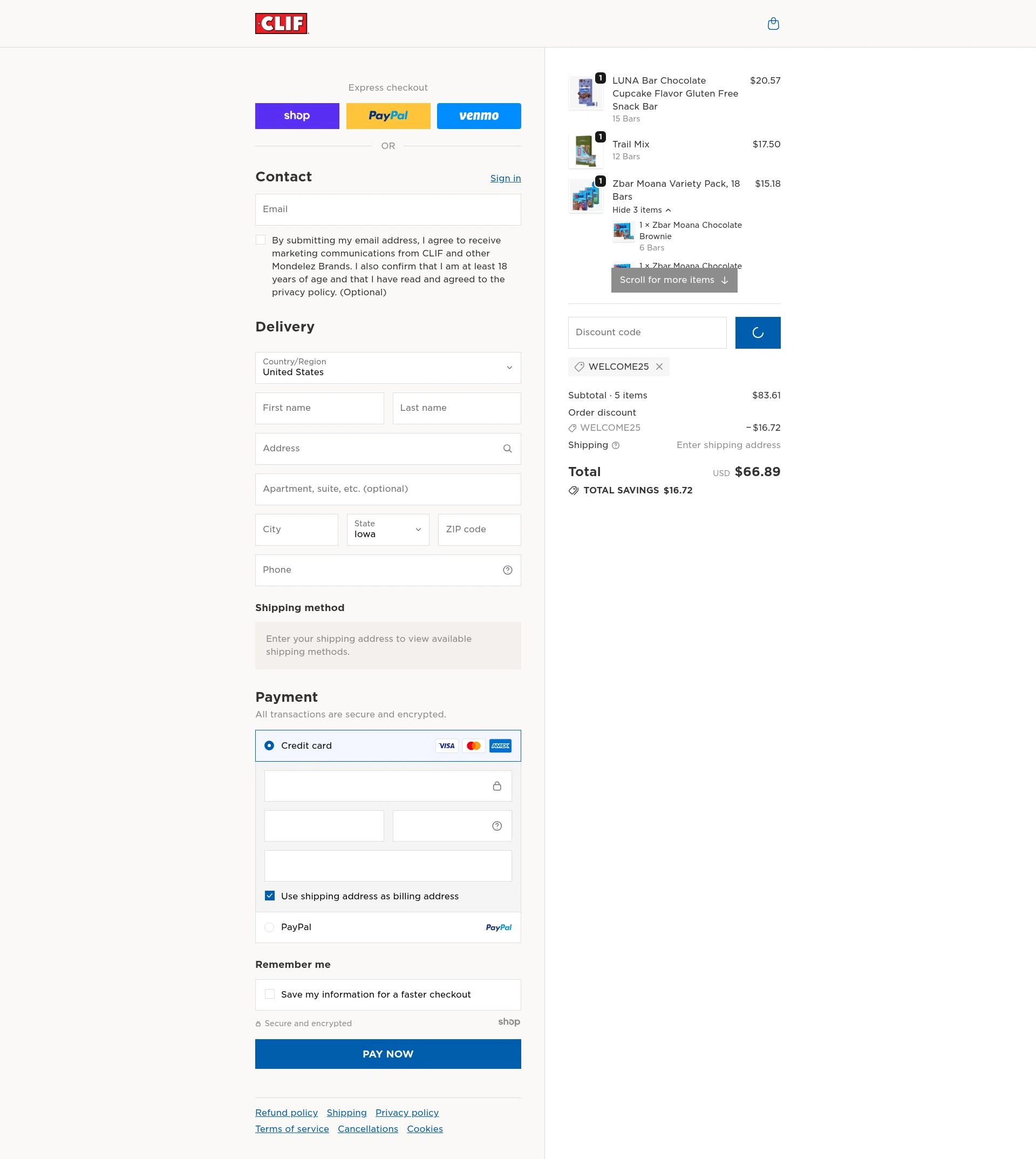Clif Bar checkout page showing Clif Bar promo code box | Screenshot taken by SimplyCodes community member on Dec 23, 2025