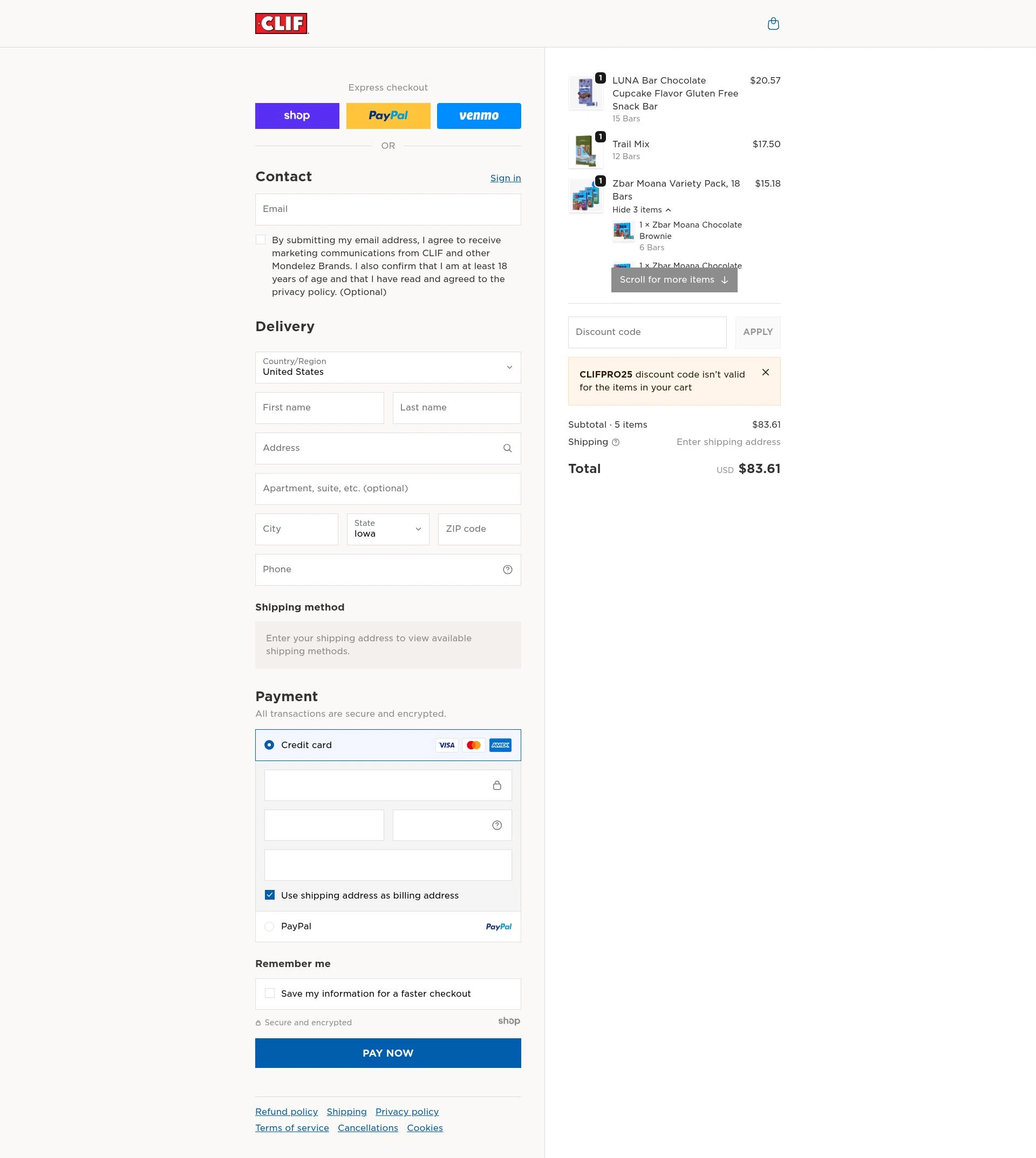 Clif Bar checkout page showing Clif Bar promo code box | Screenshot taken by SimplyCodes community member on Dec 28, 2025