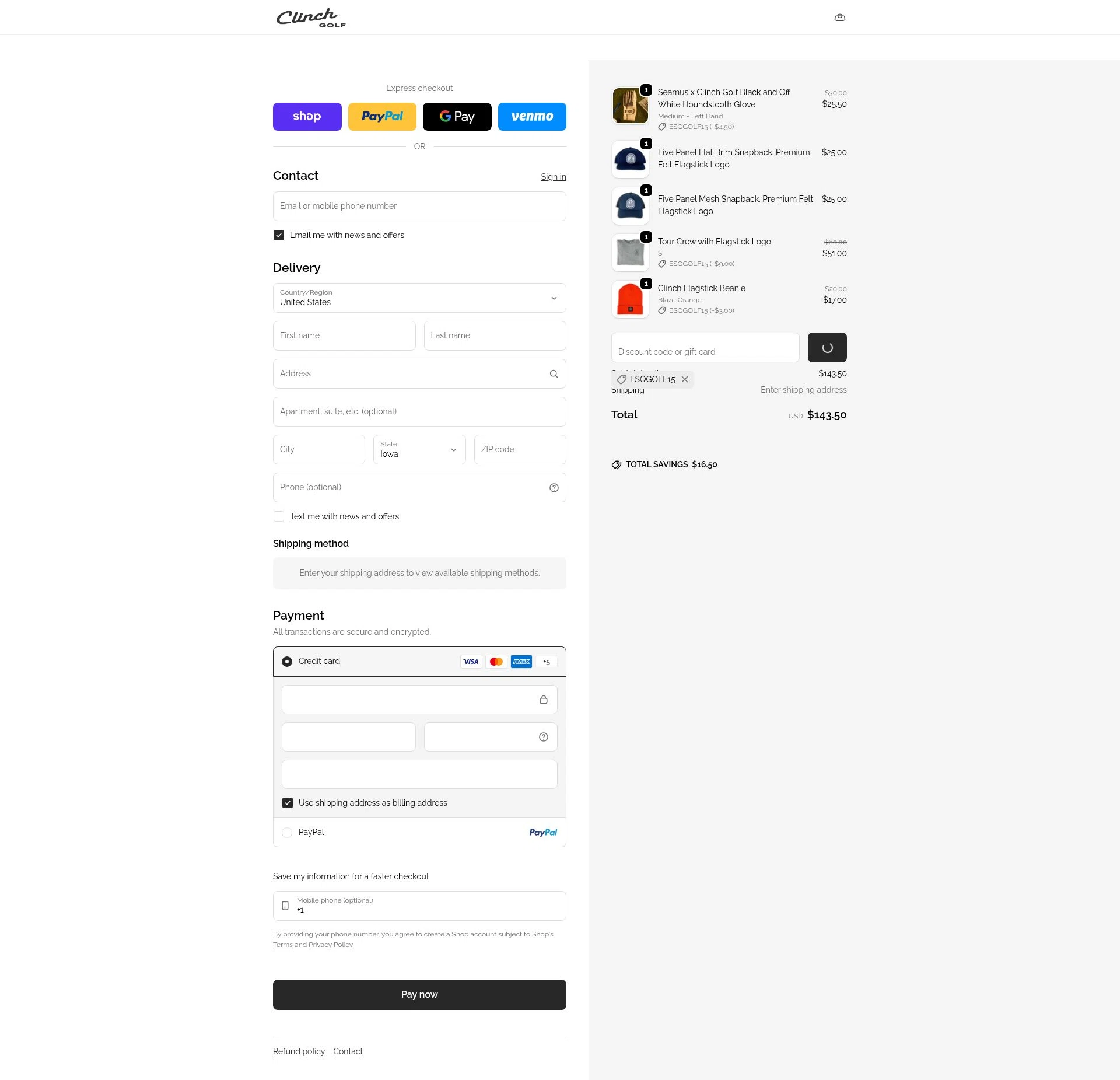 Clinch Golf checkout page showing Clinch Golf discount code box | Screenshot taken by SimplyCodes community member on Feb 9, 2026