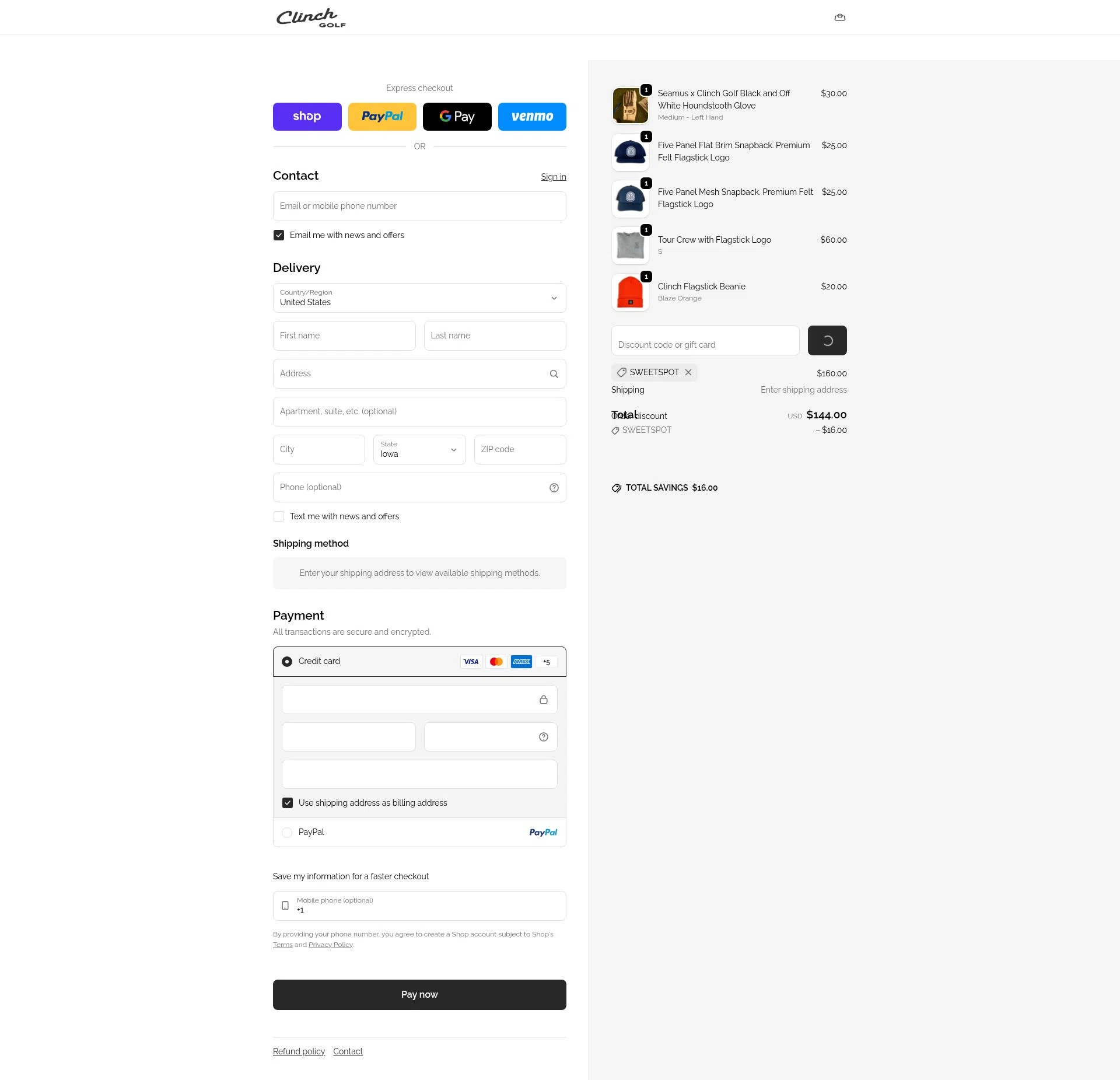 Clinch Golf checkout page showing Clinch Golf discount code box | Screenshot taken by SimplyCodes community member on Feb 18, 2026