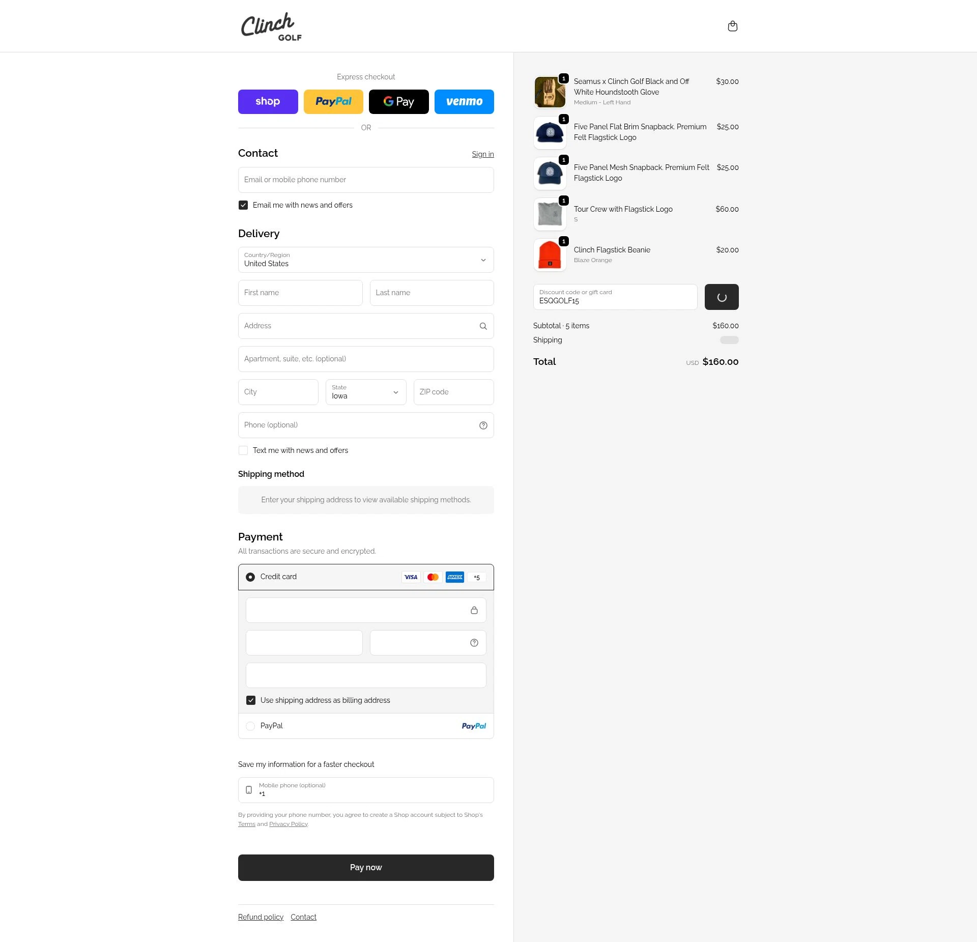 Clinch Golf checkout page showing Clinch Golf discount code box | Screenshot taken by SimplyCodes community member on Feb 13, 2026