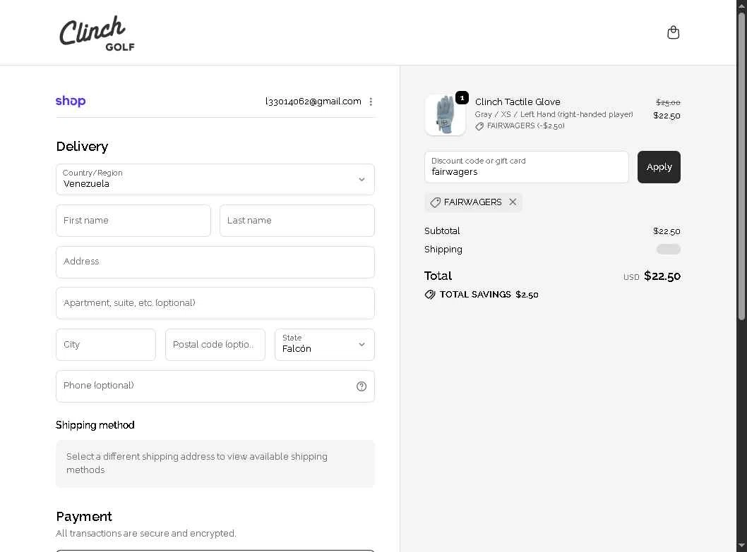 Clinch Golf checkout page showing Clinch Golf discount code box | Screenshot taken by SimplyCodes community member on Feb 18, 2026