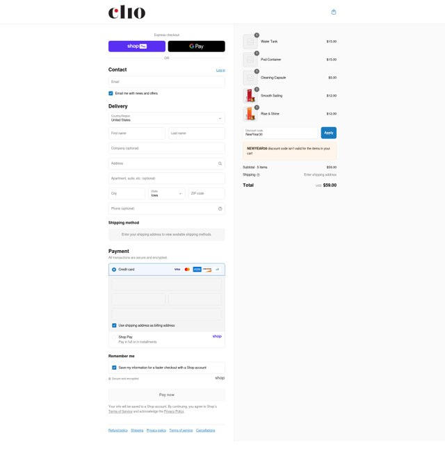 Clio Coffee checkout page showing Clio Coffee discount code box | Screenshot taken by SimplyCodes community member on Aug 27, 2025