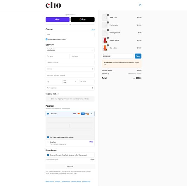 Clio Coffee checkout page showing Clio Coffee discount code box | Screenshot taken by SimplyCodes community member on Aug 31, 2025