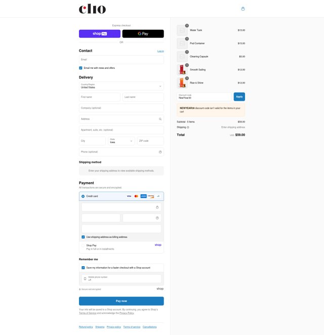 Clio Coffee checkout page showing Clio Coffee discount code box | Screenshot taken by SimplyCodes community member on Aug 23, 2025