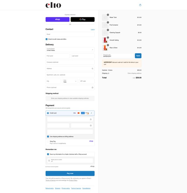 Clio Coffee checkout page showing Clio Coffee discount code box | Screenshot taken by SimplyCodes community member on Aug 31, 2025
