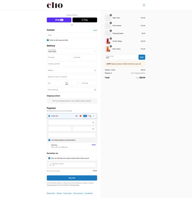 Clio Coffee checkout page showing Clio Coffee discount code box | Screenshot taken by SimplyCodes community member on Aug 23, 2025