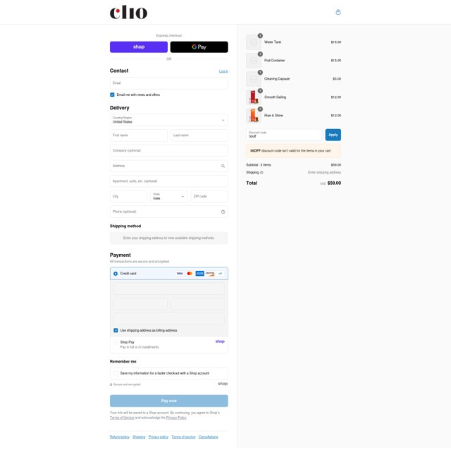 Clio Coffee checkout page showing Clio Coffee discount code box | Screenshot taken by SimplyCodes community member on Aug 31, 2025