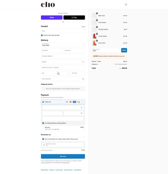 Clio Coffee checkout page showing Clio Coffee discount code box | Screenshot taken by SimplyCodes community member on Aug 31, 2025