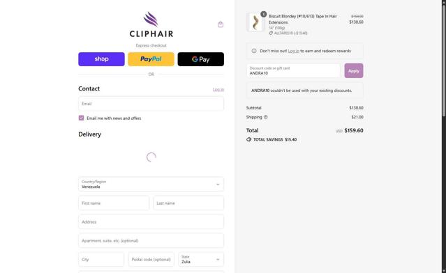 Cliphair checkout page showing Cliphair promo code box | Screenshot taken by SimplyCodes community member on Sep 5, 2025