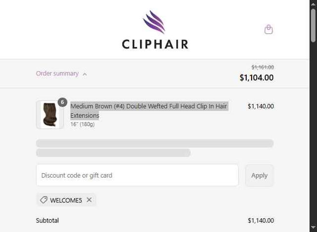 Cliphair checkout page showing Cliphair promo code box | Screenshot taken by SimplyCodes community member on Jul 18, 2025