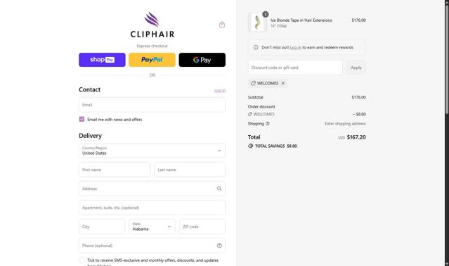 Cliphair checkout page showing Cliphair promo code box | Screenshot taken by SimplyCodes community member on Jul 18, 2025
