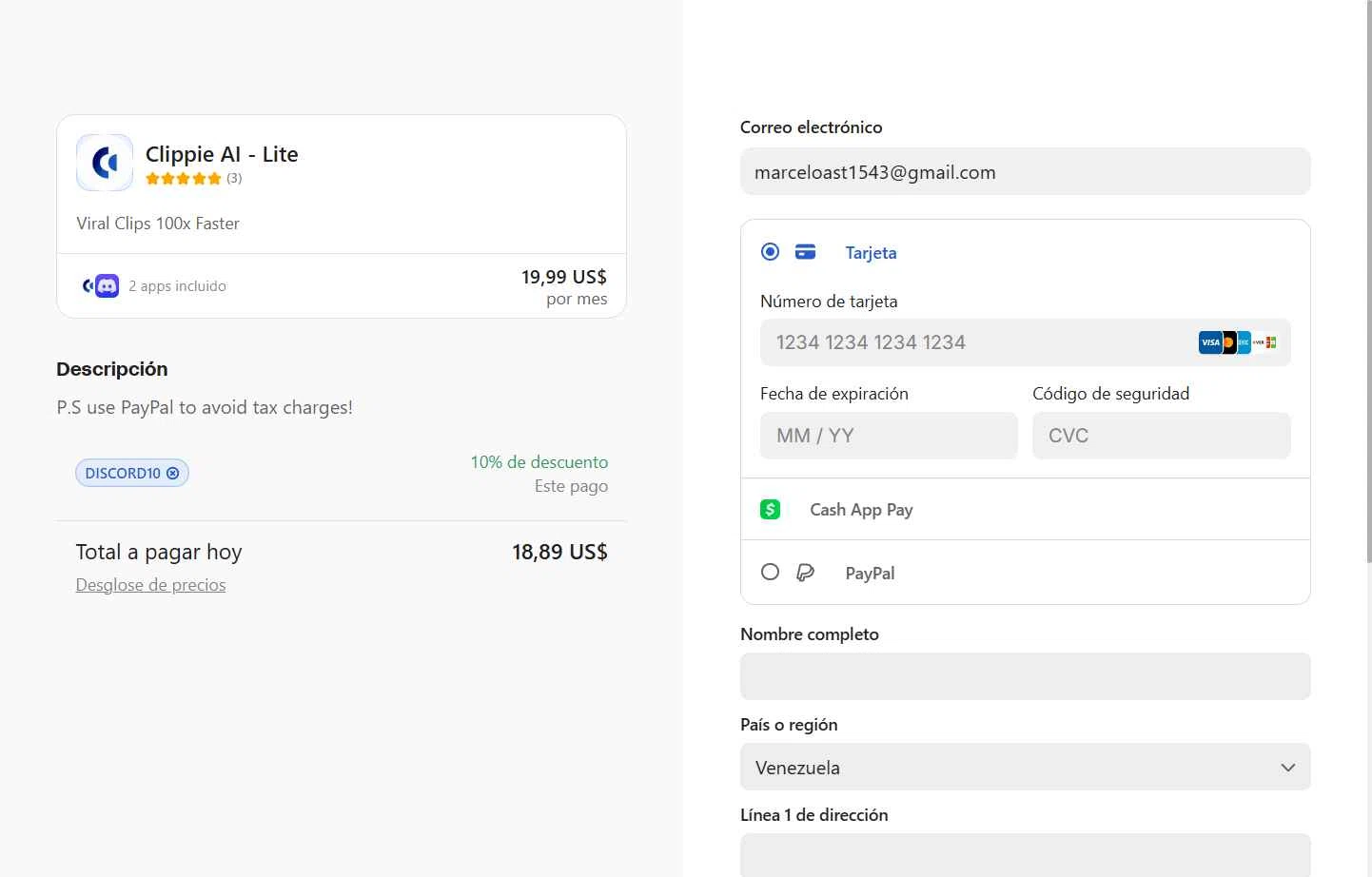 Clippie AI checkout page showing Clippie AI promo code box | Screenshot taken by SimplyCodes community member on Oct 7, 2025
