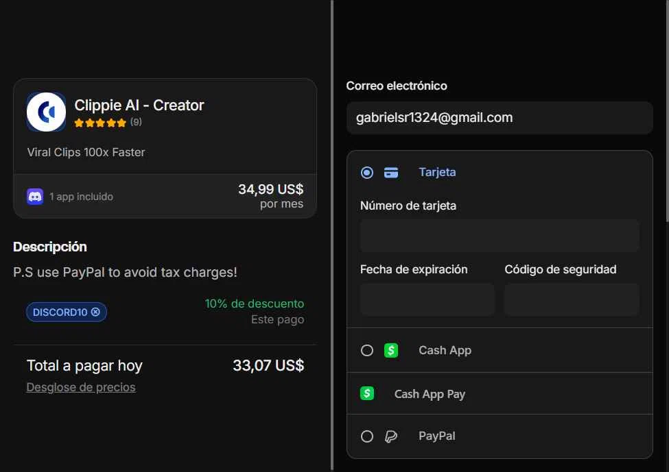 Clippie AI checkout page showing Clippie AI promo code box | Screenshot taken by SimplyCodes community member on Nov 26, 2025