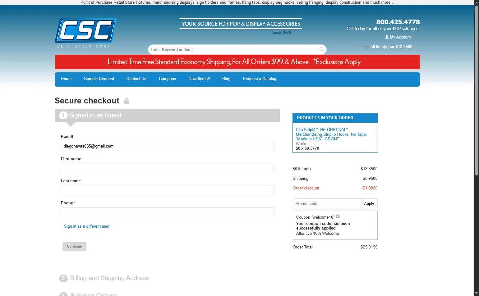 Clip Strips checkout page showing Clip Strips promo code box | Screenshot taken by SimplyCodes community member on Oct 11, 2025