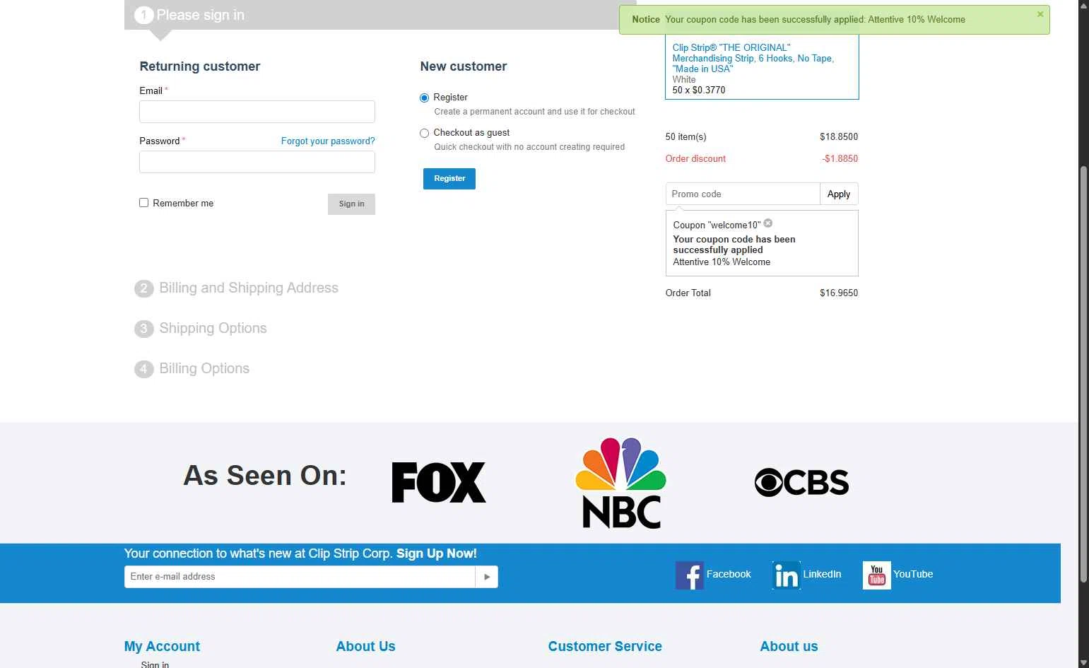 Clip Strips checkout page showing Clip Strips promo code box | Screenshot taken by SimplyCodes community member on Nov 22, 2025