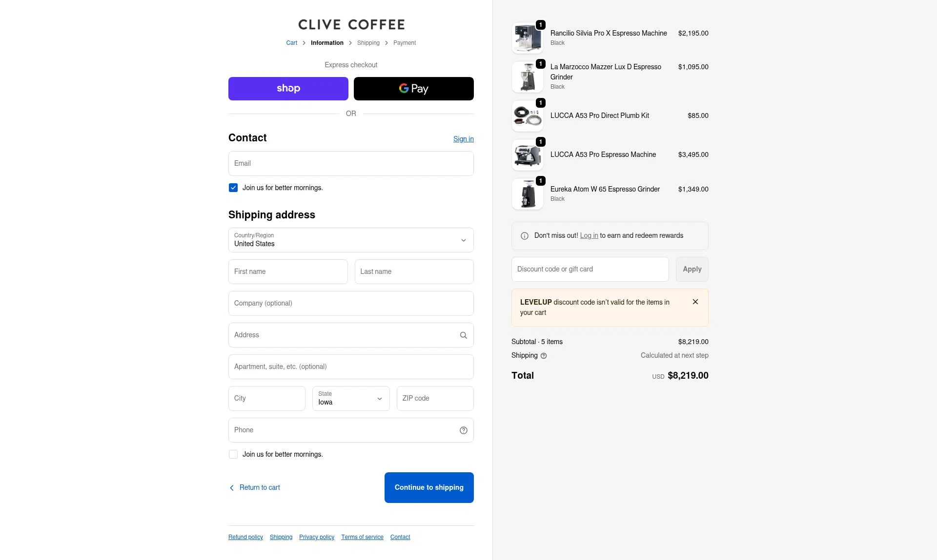Clive Coffee checkout page showing Clive Coffee discount code box | Screenshot taken by SimplyCodes community member on Jan 27, 2026