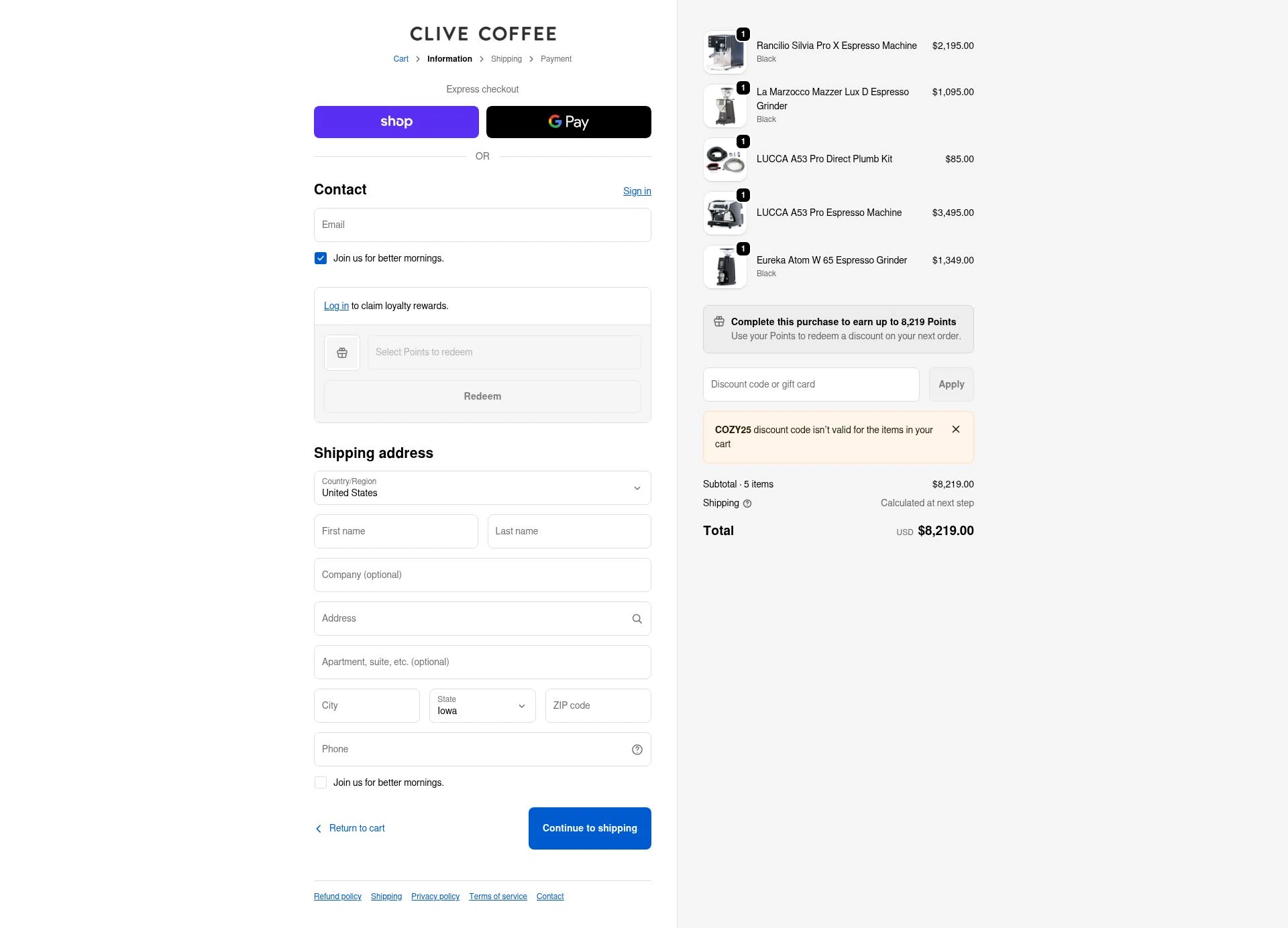 Clive Coffee checkout page showing Clive Coffee discount code box | Screenshot taken by SimplyCodes community member on Feb 5, 2026