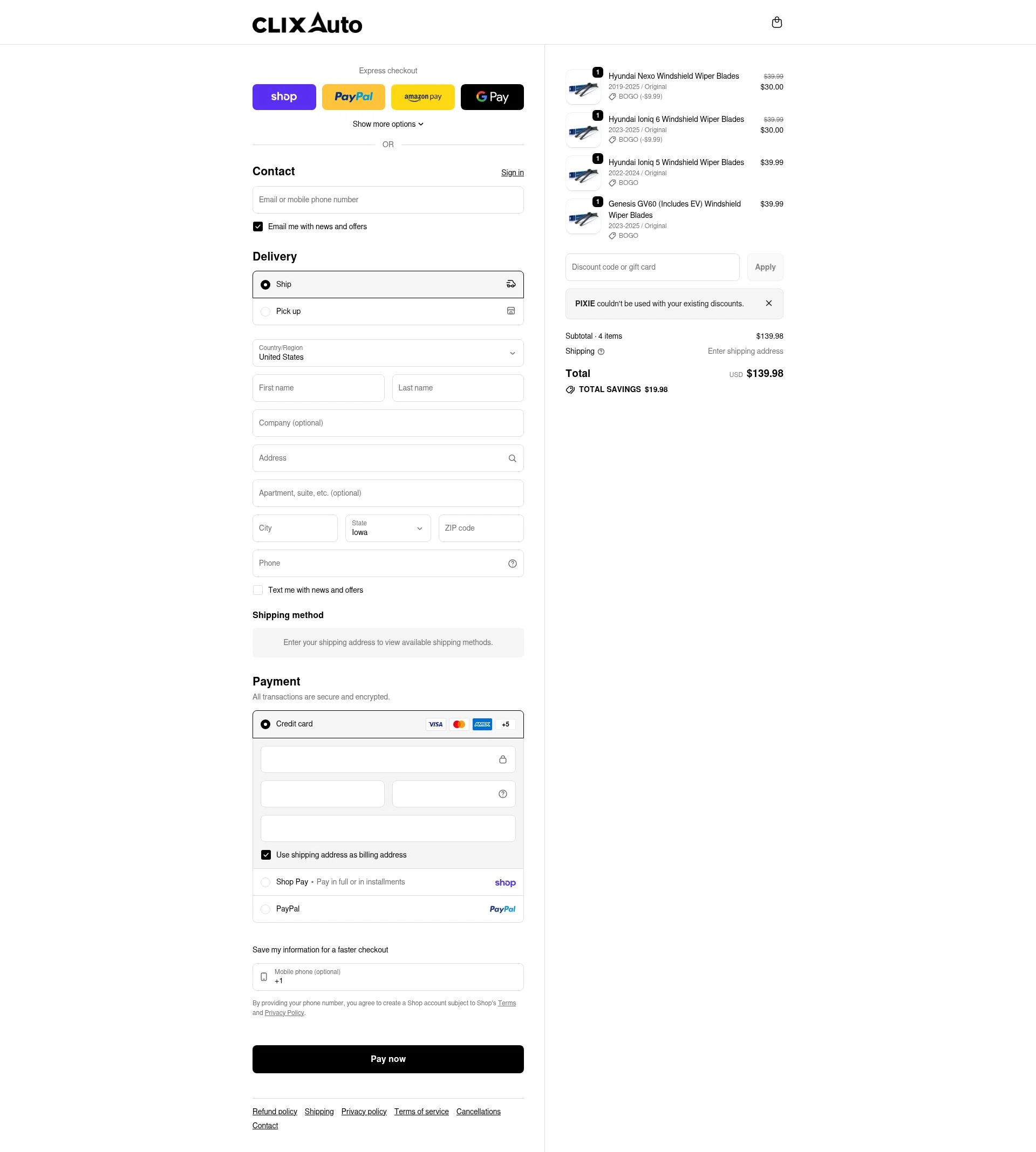 Clix Auto checkout page showing Clix Auto promo code box | Screenshot taken by SimplyCodes community member on Feb 15, 2026