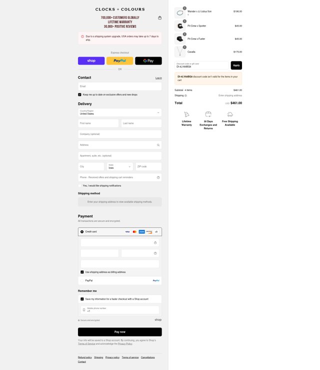 Clocks and Colours checkout page showing Clocks and Colours discount code box | Screenshot taken by SimplyCodes community member on Aug 29, 2025