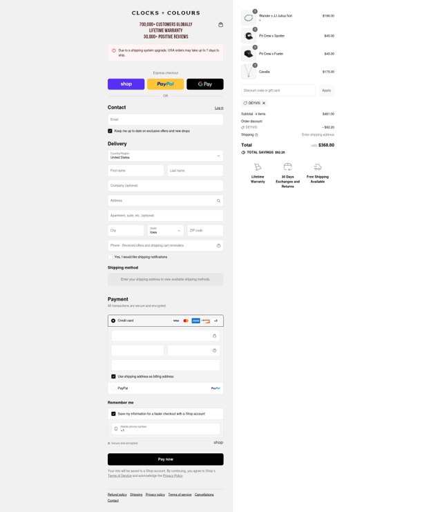 Clocks and Colours checkout page showing Clocks and Colours discount code box | Screenshot taken by SimplyCodes community member on Aug 29, 2025