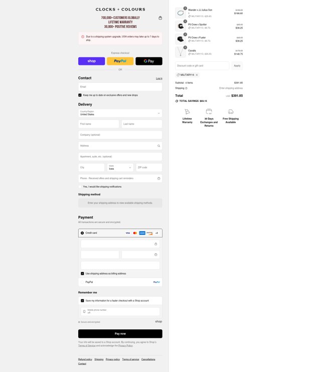 Clocks and Colours checkout page showing Clocks and Colours discount code box | Screenshot taken by SimplyCodes community member on Aug 29, 2025