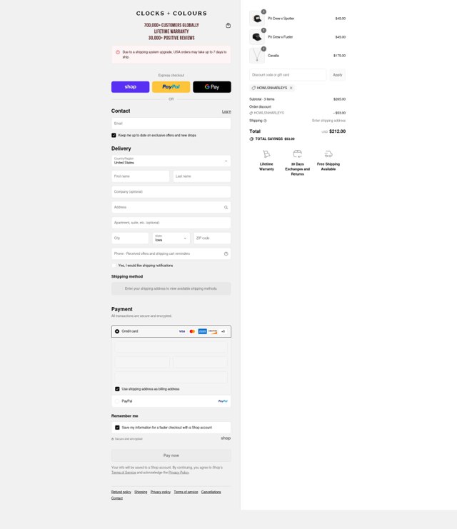 Clocks and Colours checkout page showing Clocks and Colours discount code box | Screenshot taken by SimplyCodes community member on Sep 2, 2025