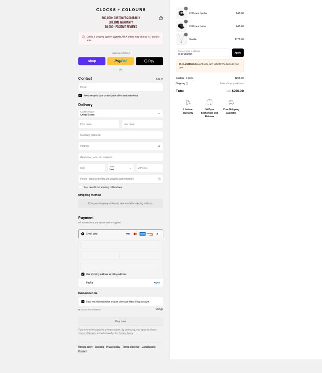 Clocks and Colours checkout page showing Clocks and Colours discount code box | Screenshot taken by SimplyCodes community member on Sep 2, 2025
