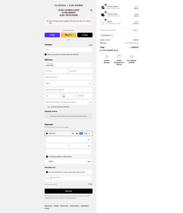Clocks and Colours checkout page showing Clocks and Colours discount code box | Screenshot taken by SimplyCodes community member on Sep 2, 2025