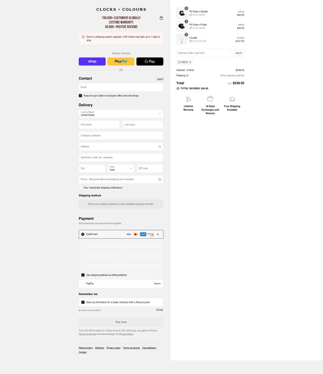 Clocks and Colours checkout page showing Clocks and Colours discount code box | Screenshot taken by SimplyCodes community member on Sep 2, 2025