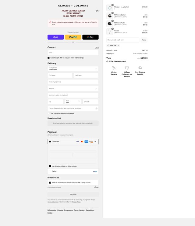 Clocks and Colours checkout page showing Clocks and Colours discount code box | Screenshot taken by SimplyCodes community member on Aug 29, 2025