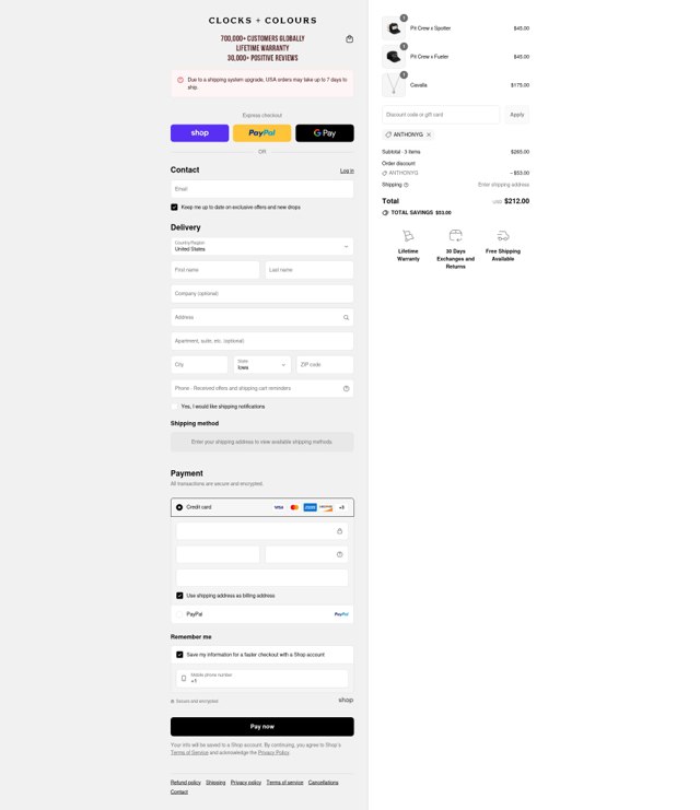Clocks and Colours checkout page showing Clocks and Colours discount code box | Screenshot taken by SimplyCodes community member on Sep 2, 2025