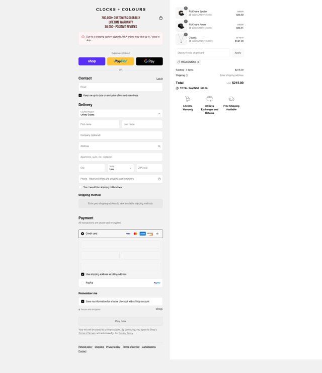 Clocks and Colours checkout page showing Clocks and Colours discount code box | Screenshot taken by SimplyCodes community member on Sep 2, 2025