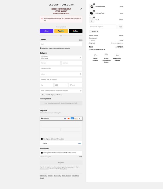 Clocks and Colours checkout page showing Clocks and Colours discount code box | Screenshot taken by SimplyCodes community member on Sep 2, 2025