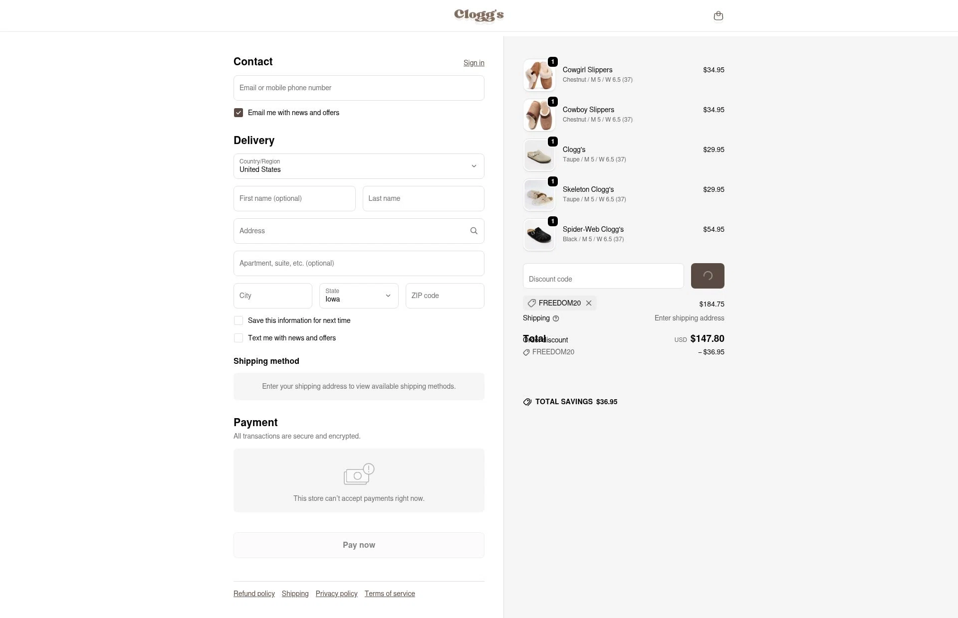 Clogg's checkout page showing Clogg's promo code box | Screenshot taken by SimplyCodes community member on Feb 10, 2026