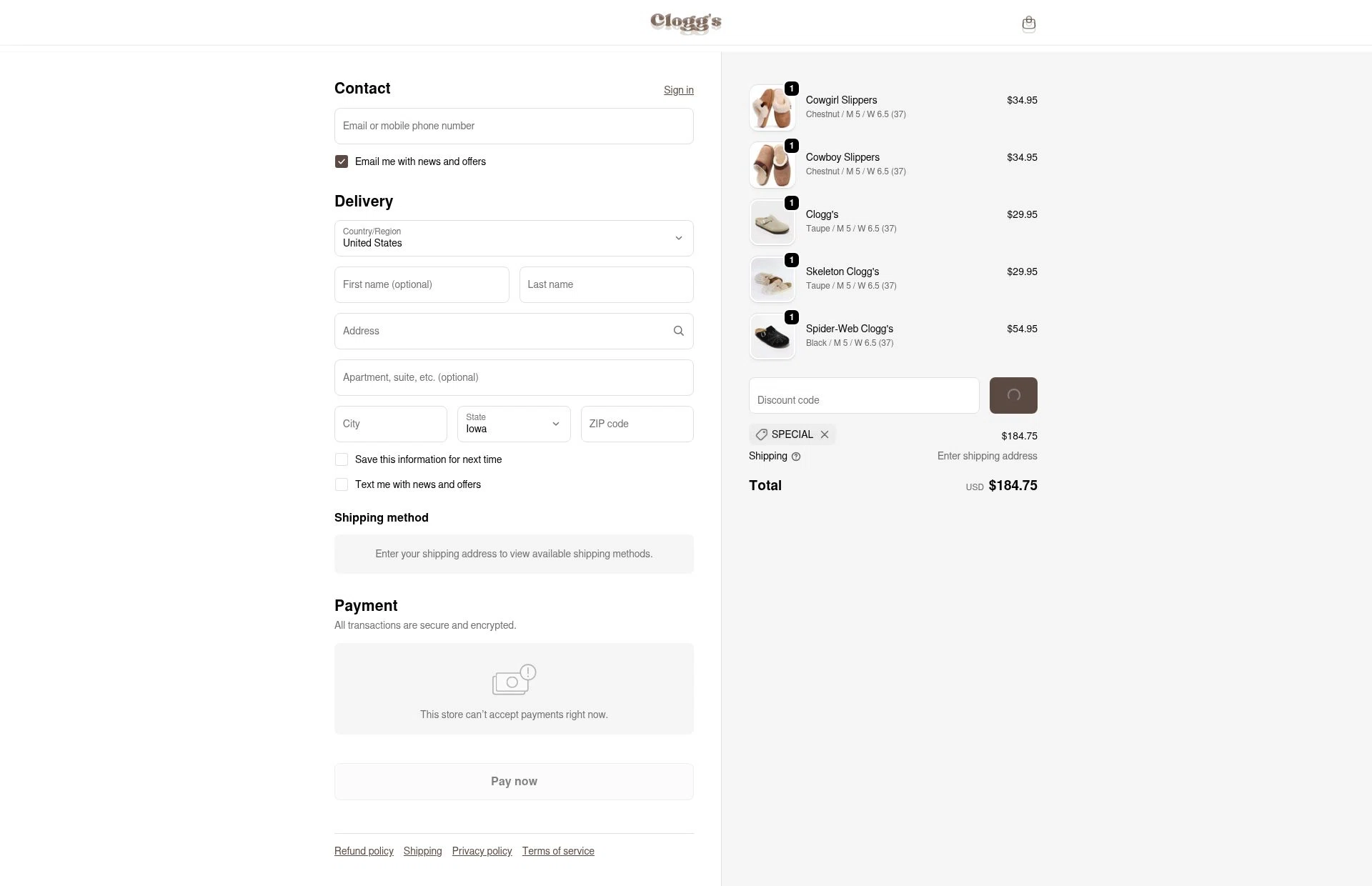 Clogg's checkout page showing Clogg's promo code box | Screenshot taken by SimplyCodes community member on Feb 5, 2026