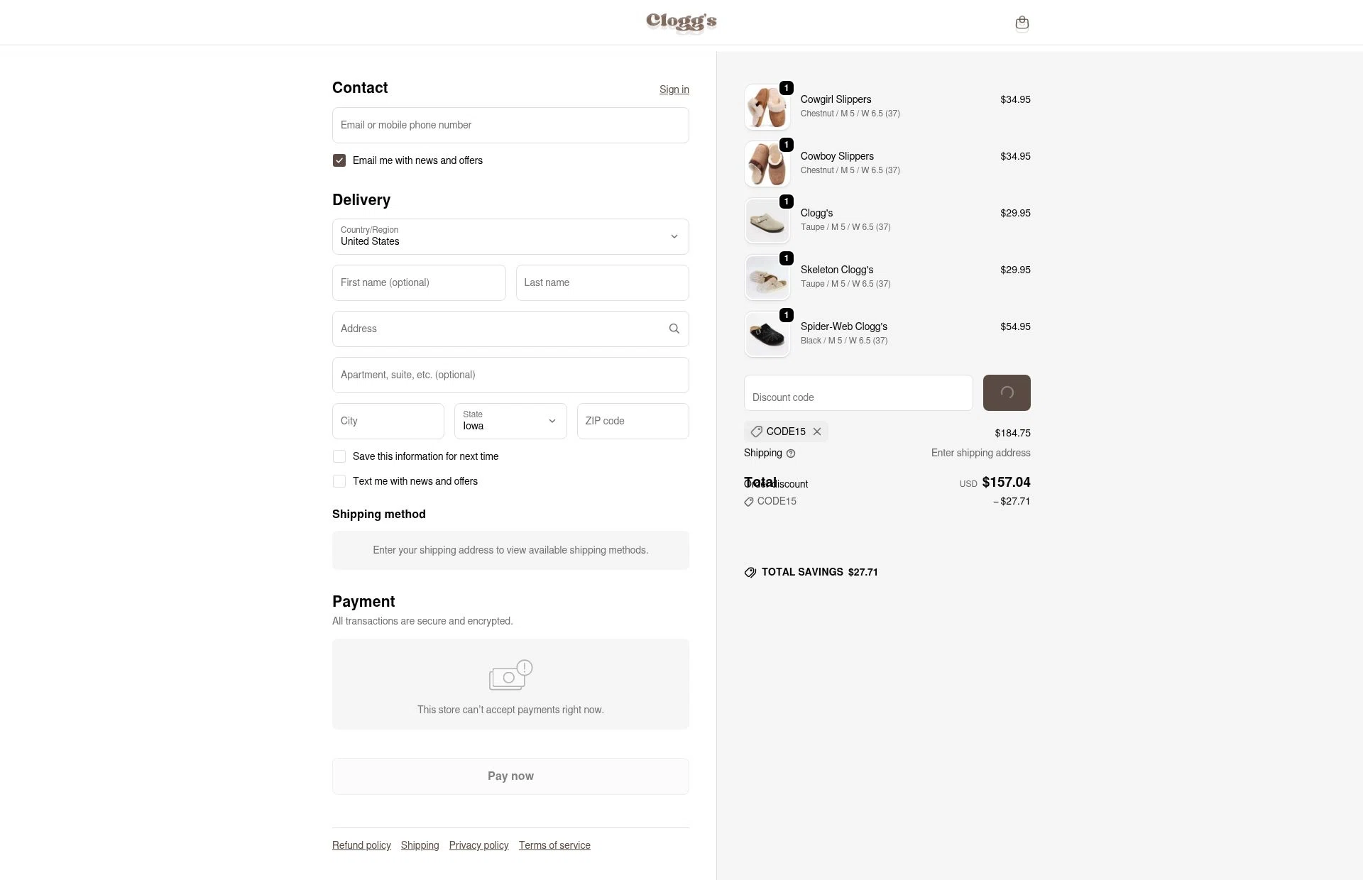 Clogg's checkout page showing Clogg's promo code box | Screenshot taken by SimplyCodes community member on Feb 5, 2026