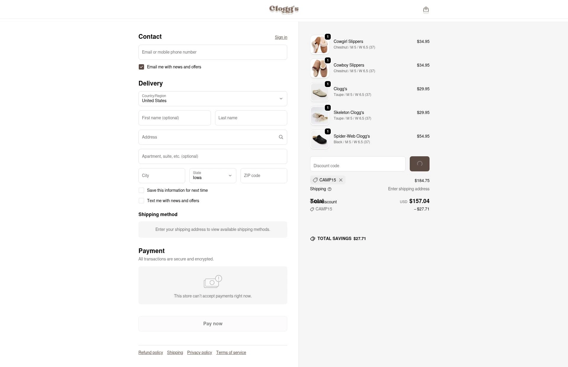 Clogg's checkout page showing Clogg's promo code box | Screenshot taken by SimplyCodes community member on Feb 10, 2026