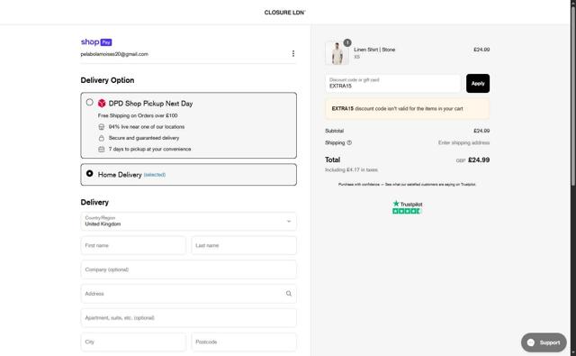 Closure London checkout page showing Closure London discount code box | Screenshot taken by SimplyCodes community member on May 20, 2025
