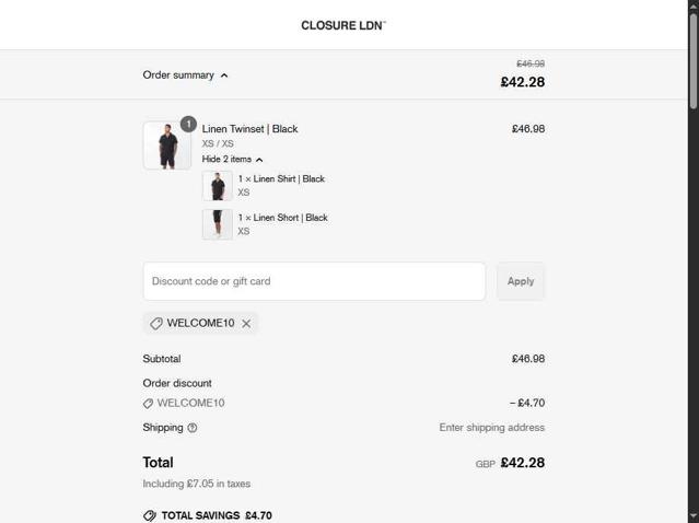 Closure London checkout page showing Closure London discount code box | Screenshot taken by SimplyCodes community member on Jun 8, 2025