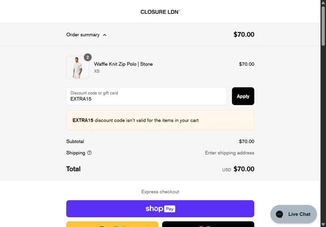 Closure London checkout page showing Closure London discount code box | Screenshot taken by SimplyCodes community member on Jun 8, 2025