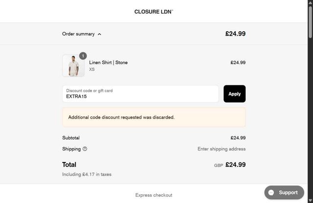 Closure London checkout page showing Closure London discount code box | Screenshot taken by SimplyCodes community member on May 20, 2025