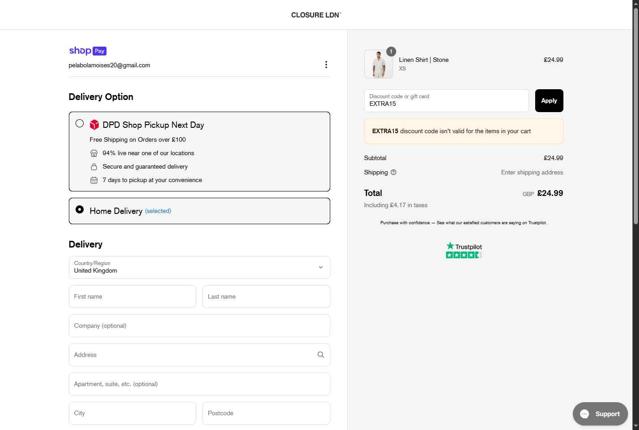 Closure London checkout page showing Closure London discount code box | Screenshot taken by SimplyCodes community member on May 20, 2025