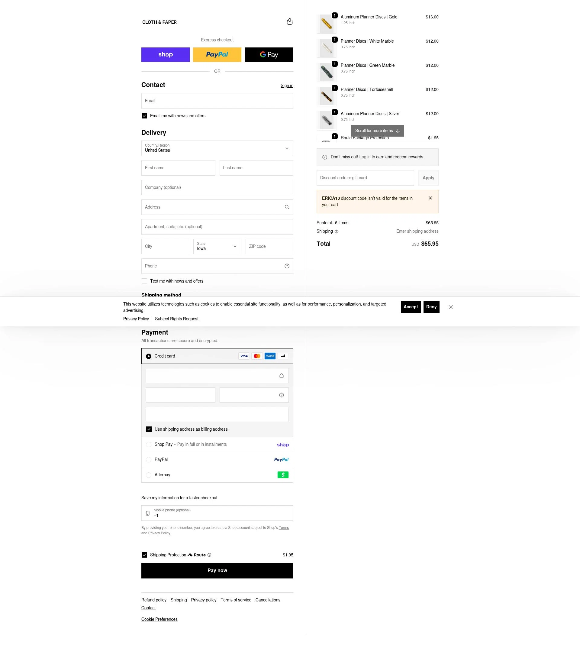 Cloth & Paper checkout page showing Cloth & Paper coupon code box | Screenshot taken by SimplyCodes community member on Feb 7, 2026