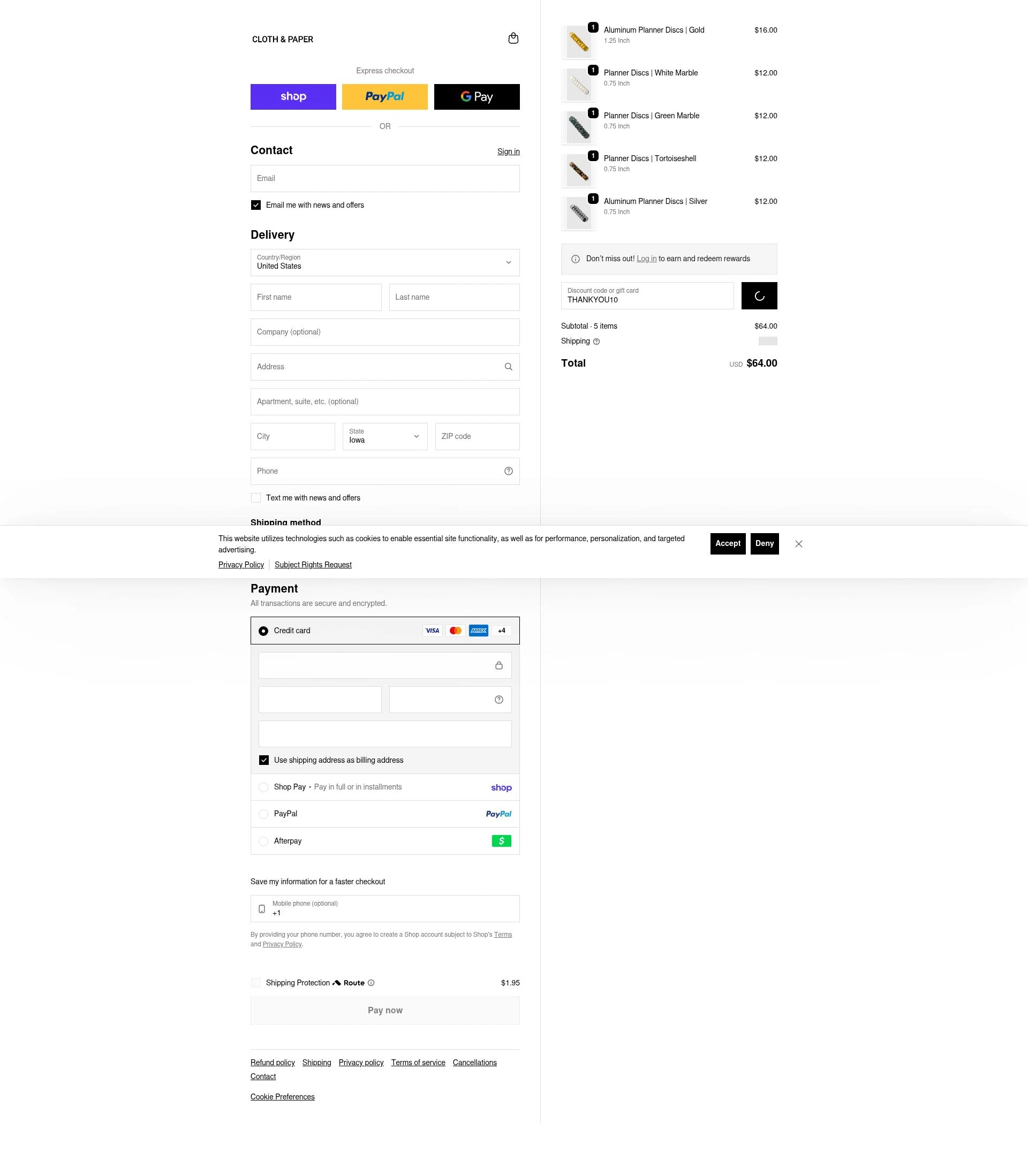 Cloth & Paper checkout page showing Cloth & Paper coupon code box | Screenshot taken by SimplyCodes community member on Feb 7, 2026